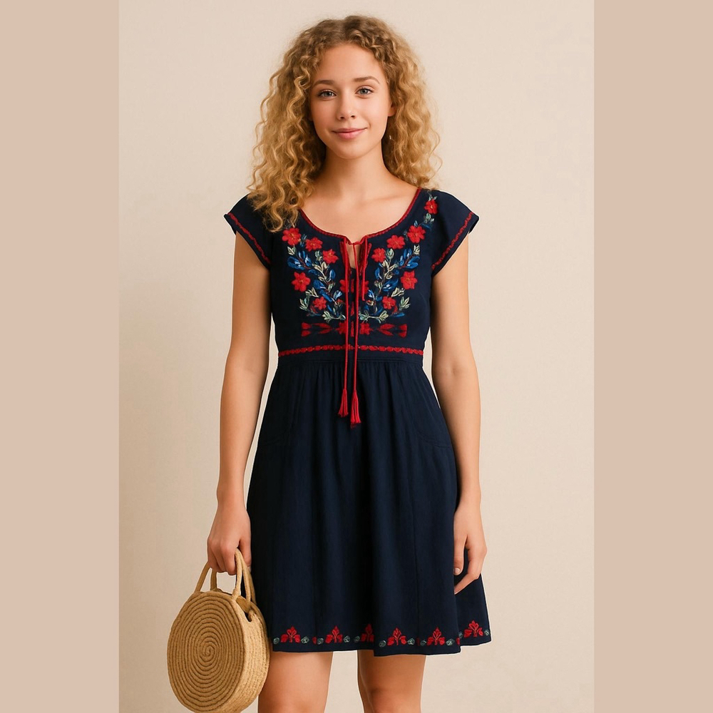 Anthropologie Floreat Manisa Navy Blue Embroidered Dress Size 2